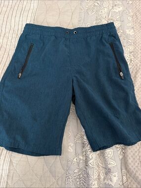 Boys Medium Athletic Teal Drawstring Shorts with Zip Pockets